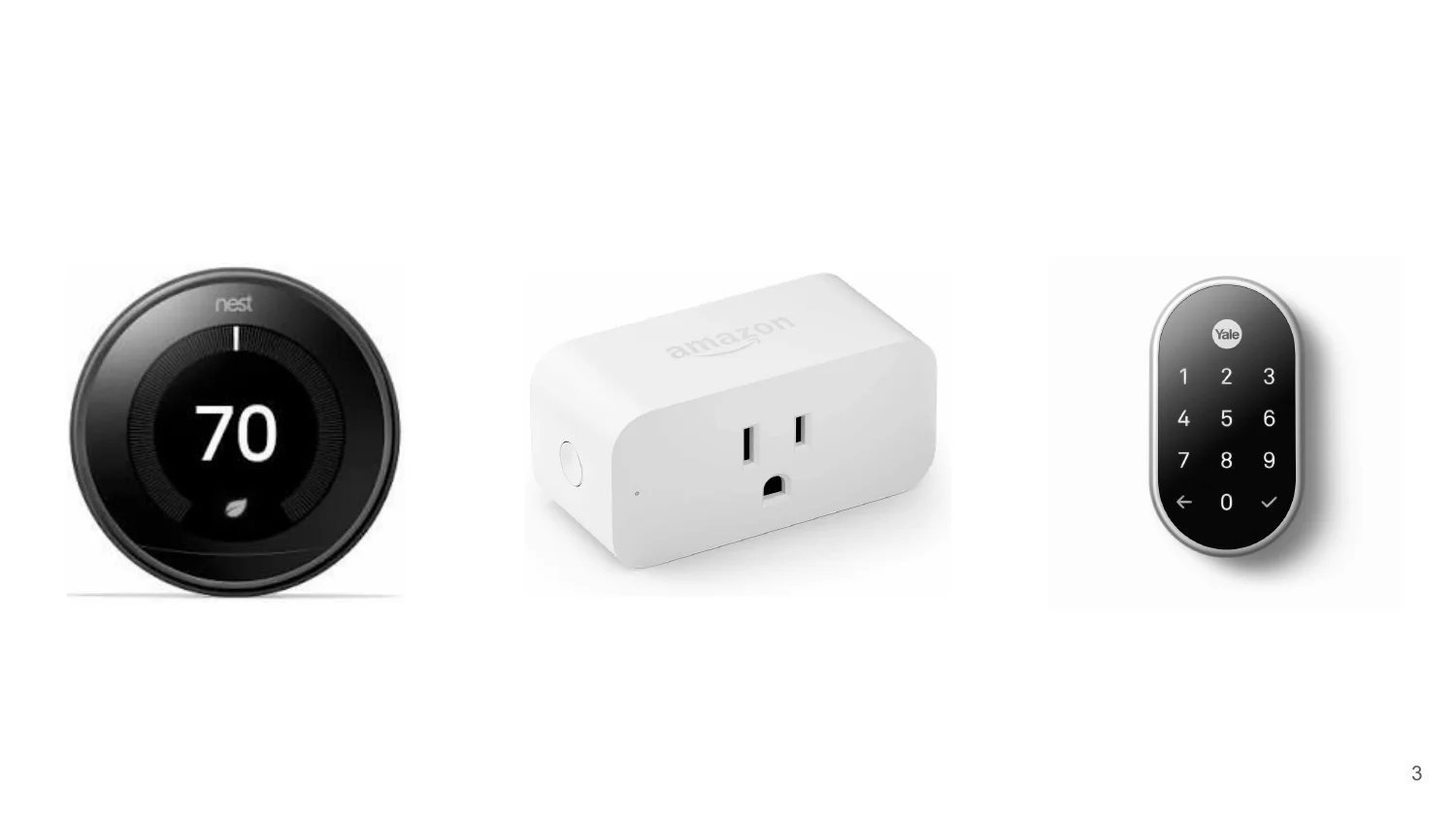 Nest thermostat, Amazon smart plug, and Yale smart lock keypad