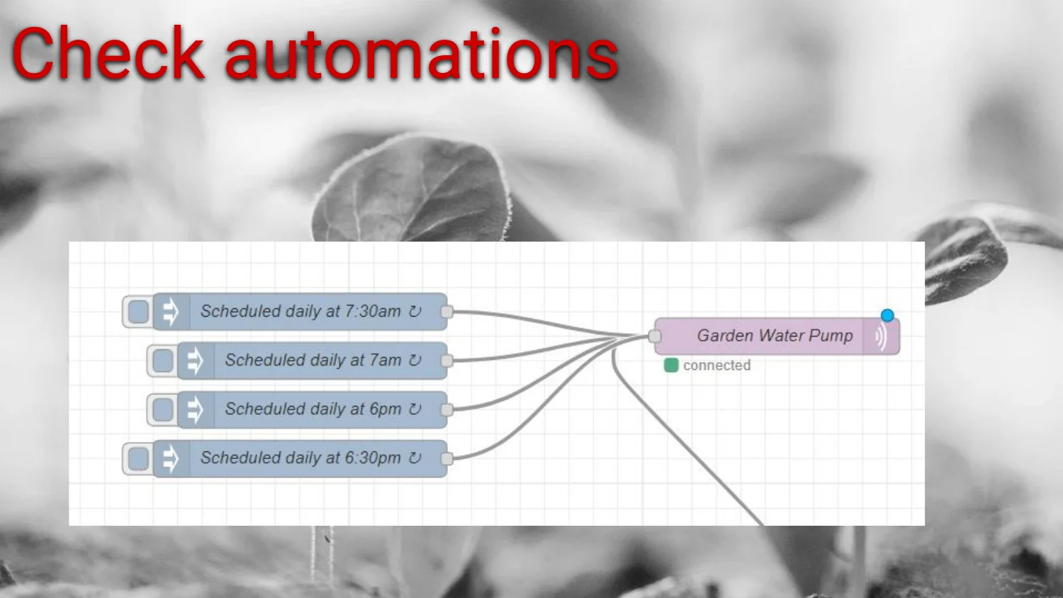 Node-RED scheduled injects feeding a Garden Water Pump node