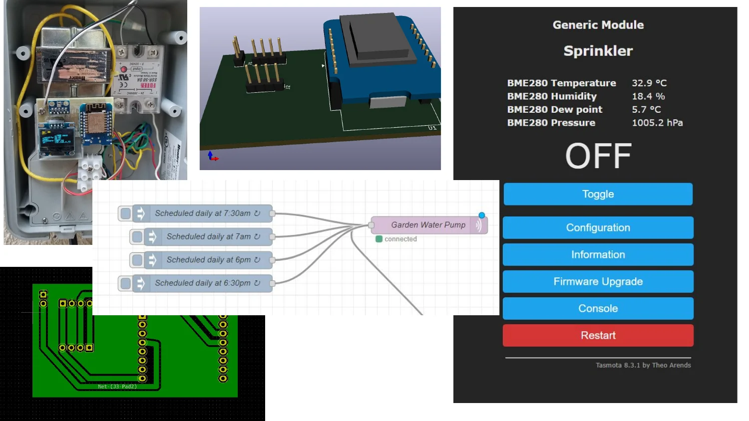 Sprinkler controller wiring, a 3D PCB render, the Tasmota web UI, scheduled nodes, and a bare PCB layout
