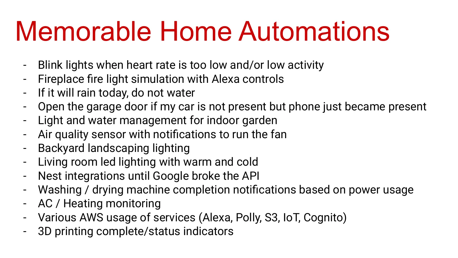 Memorable Home Automations bullet list
