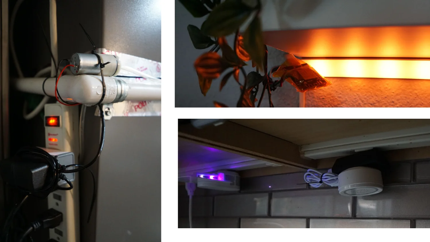 A DIY motorized outdoor rig, a UV grow light over plant leaves, and a purple UV strip under cabinets
