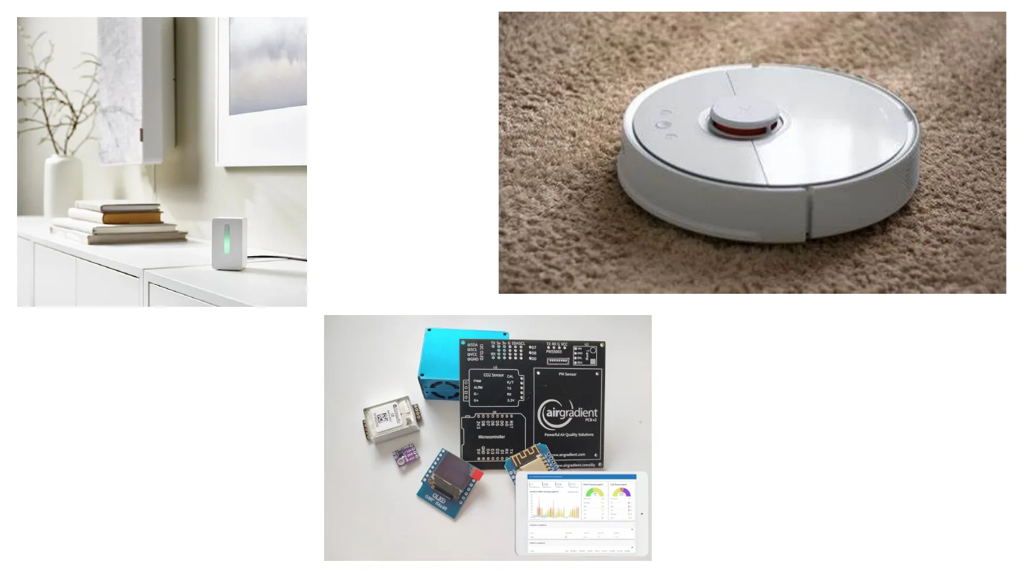 A wall-mounted presence sensor, a robot vacuum on carpet, and an AirGradient air quality sensor kit with dashboard