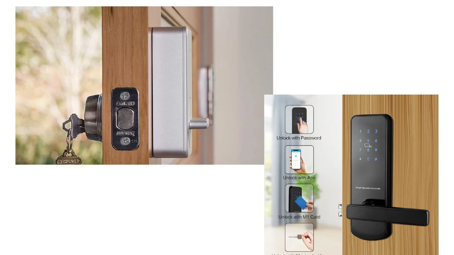 A Schlage deadbolt with a physical key and a black touchscreen smart lock with multiple unlock methods