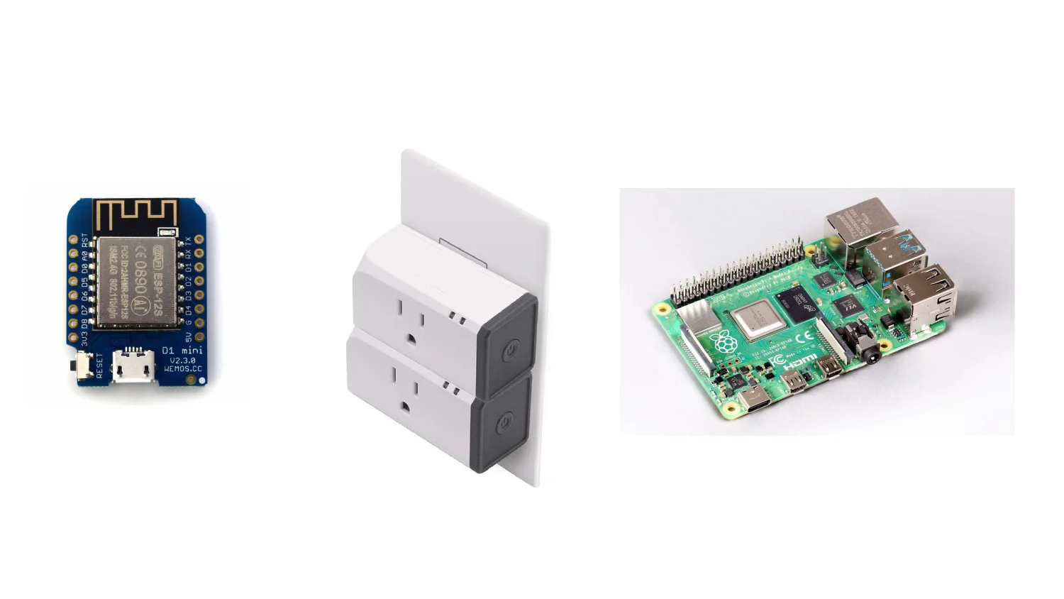 ESP32 D1 mini board, a dual-outlet smart plug, and a Raspberry Pi 4