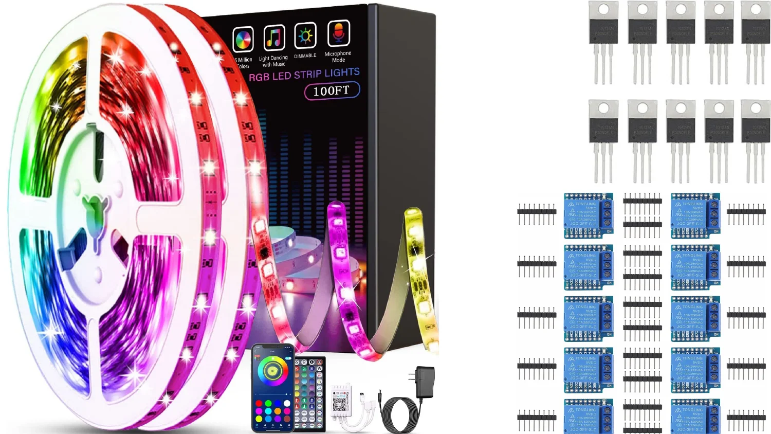 A 100ft RGB LED strip kit, a tray of TO-220 power transistors, and relay modules with header pins