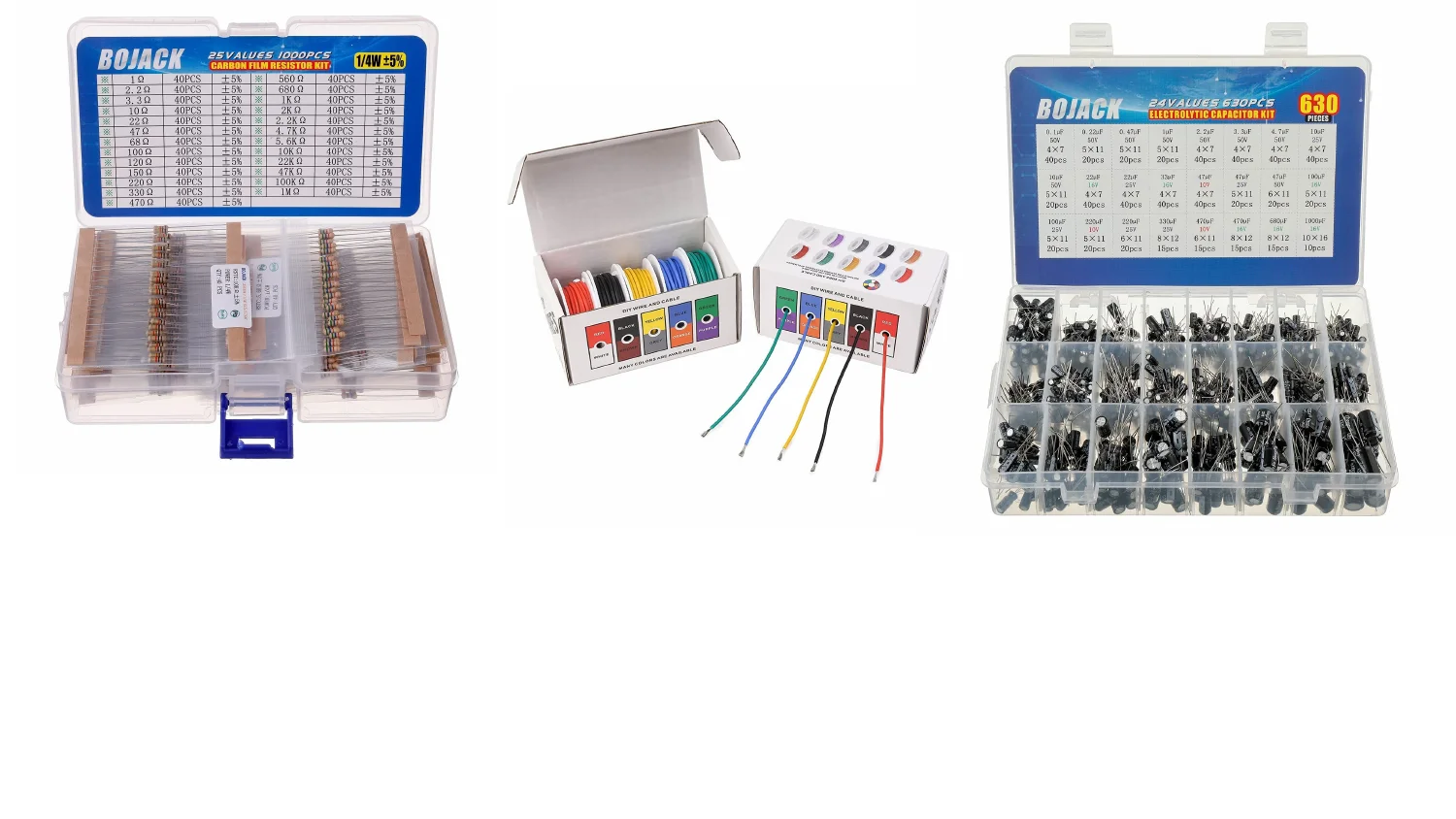 A resistor kit, a DIY wire and cable color kit, and an electrolytic capacitor kit