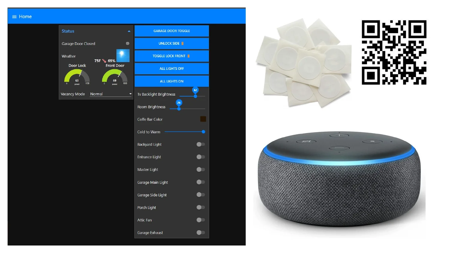 Close-up of the wall dashboard status screen, a sheet of NFC tags with a QR code, and an Echo Dot