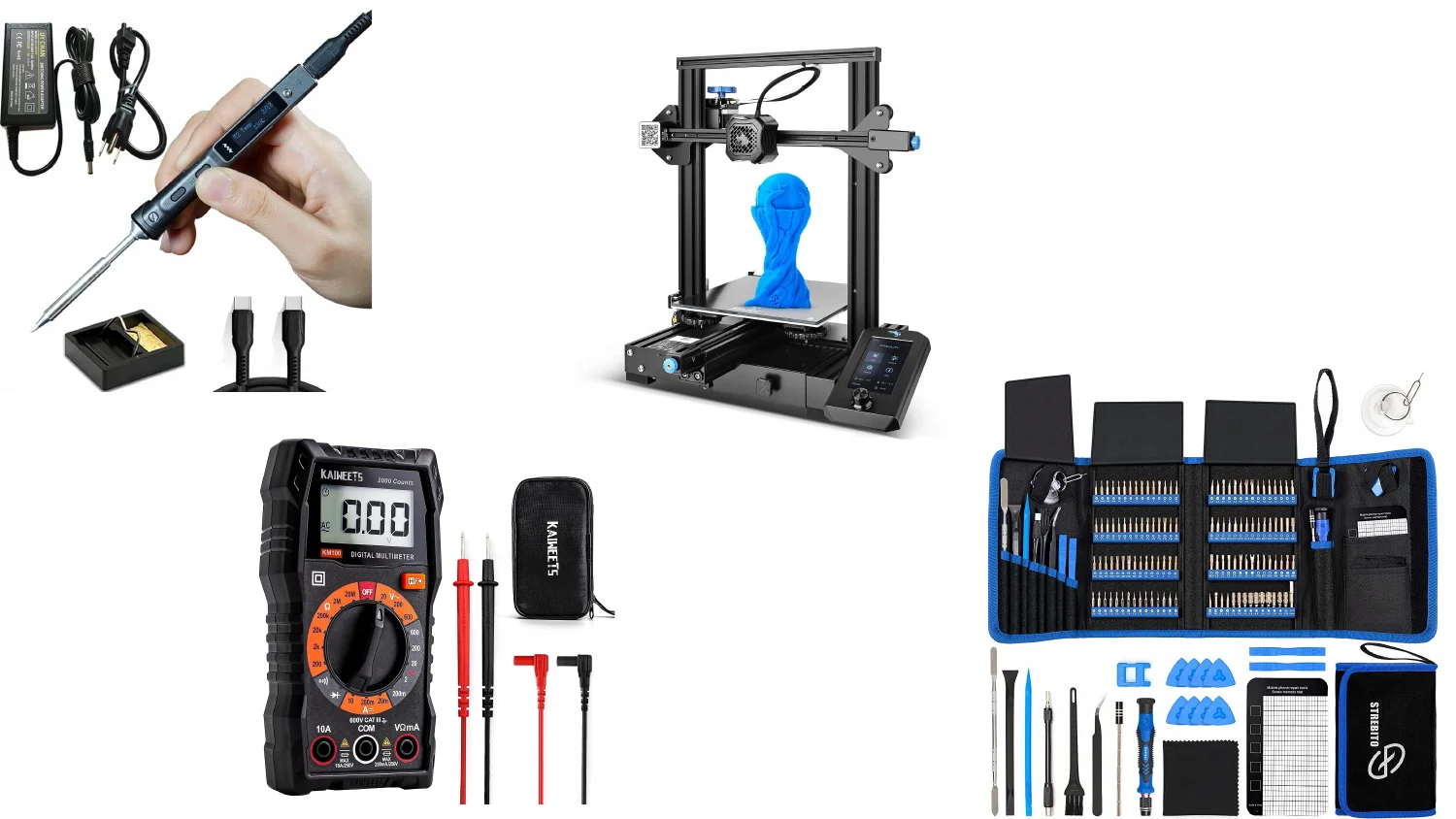A soldering iron and stand, a 3D printer mid-print, a digital multimeter, and a precision screwdriver kit